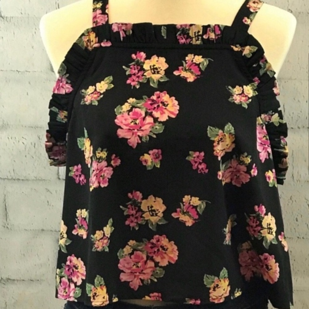 Abound Black Floral Ruffle Top